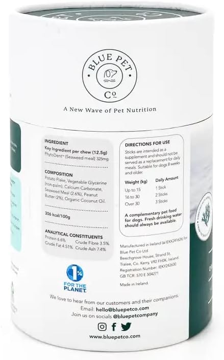 Blue Pet Co - Gosmile Teeth & Gums Supplement For Dogs - Promotes Oral Health, Fresh Breath & Healthy Gums - Enriched With Seaweed Extract Phytodent - With Peanut Butter - 14 Sticks