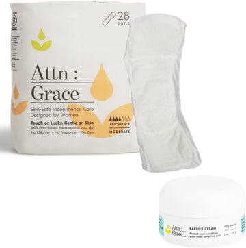 Attn: Grace Moderate Incontinence Pads (28 Pack) & Barrier Cream Combo For Women - Moderate Absorbency | Postpartum Support, Sensitive Skin-Friendly, Breathable, Plant-Based