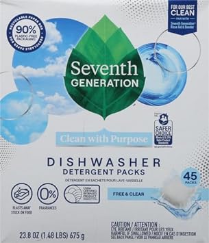 Seventh Generation Dishwasher Detergent Packs, Blasts Away Stuck-On Food, Free & Clear, 45 Packs