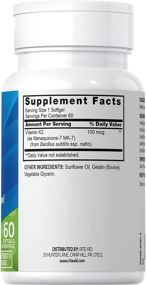 Rite Aid Vitamin K2 Softgels 100mcg, 60 ct, Supports Healthy Bones and Circulatory System