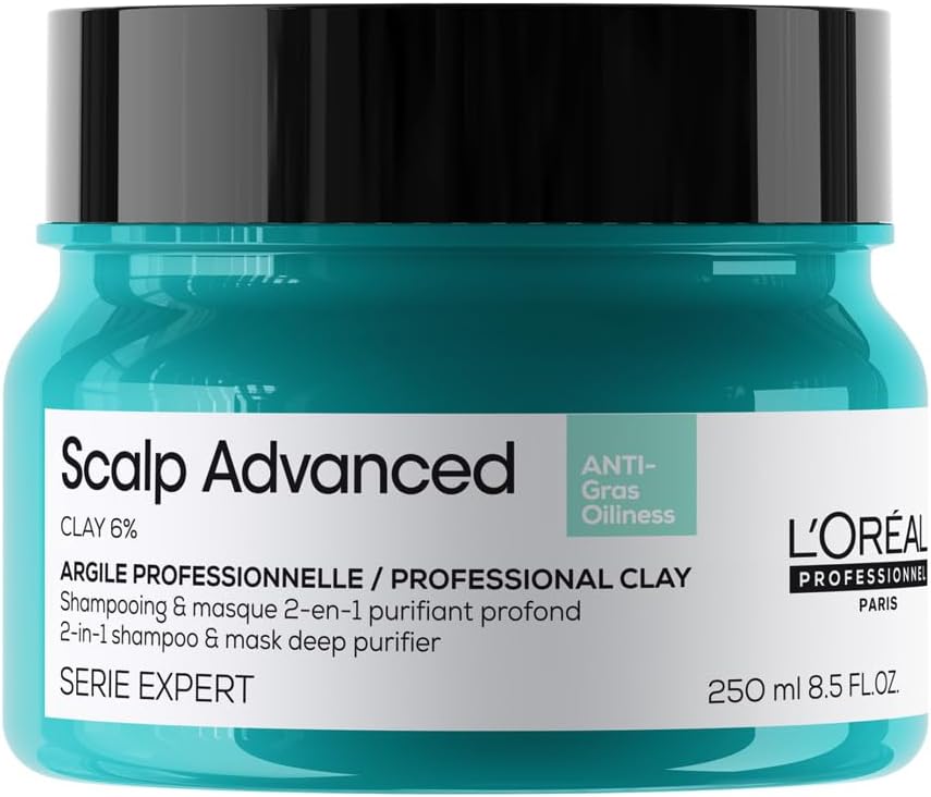 L'Oréal Professionnel Scalp Advanced, Professional Clay Anti-Oiliness 2-In-1 Deep Purifier Shampoo And Hair Mask, For Oily And Greasy Hair, Serie Expert, 250Ml