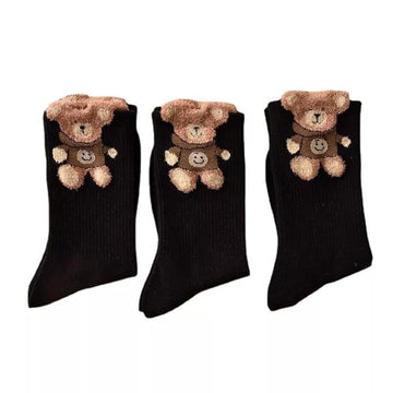 INFINIBYTE Women’s Autumn & Winter Cozy Socks – Soft Feather Yarn Bear & Flower Design, Warm Medium Coffee Color Stockings for Outerwear