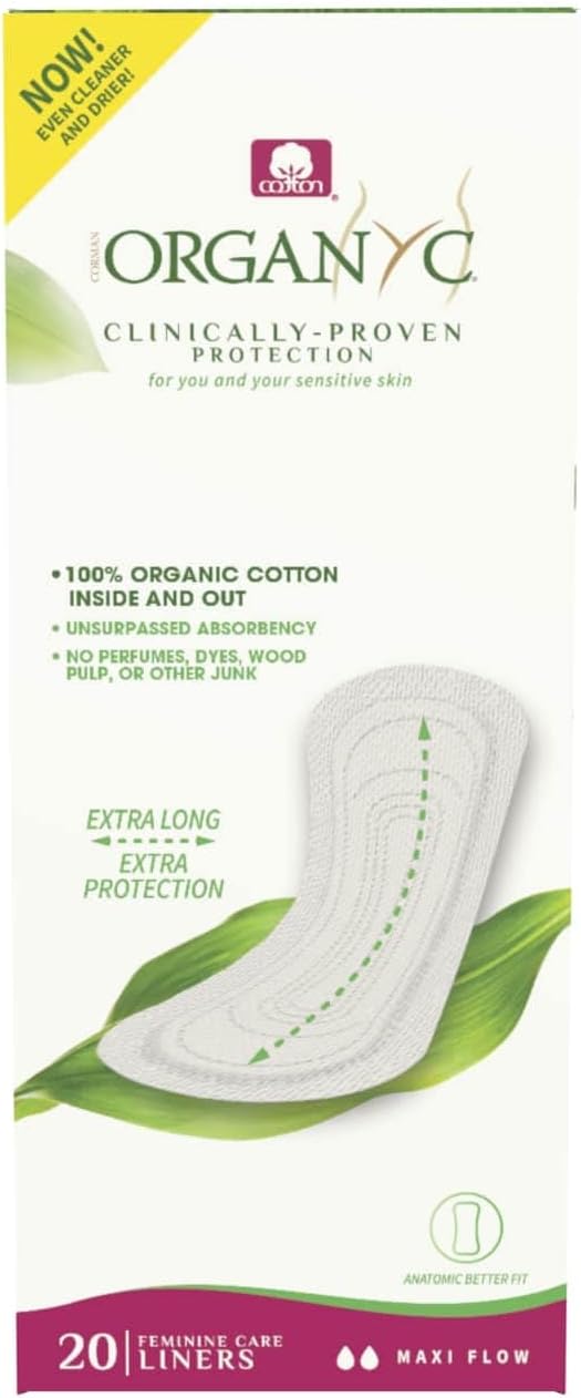 Organyc 100% Certified Organic Cotton Flat Panty Liner - Everyday Sanitary Pad, Free from Wood Pulp, Perfumes, SAP and Chemicals - Maxi Flow, 20 Count