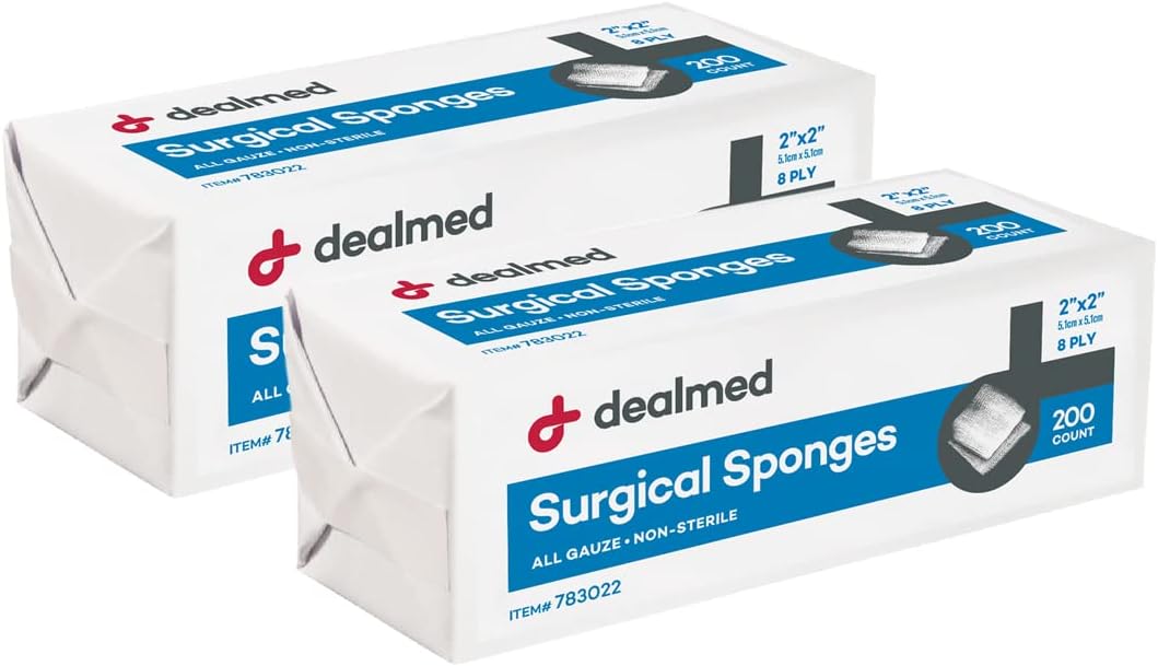 Dealmed 2" X 2" Surgical Sponges, 8-Ply, Non-Woven Absorbent Gauze Sponges For Wound Care, First Aid Kits And Medical Facilities, 200 Count (Pack Of 2)