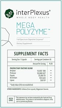 Interplexus Mega-Polyzyme - Full Spectrum Vegetarian Digestive Enzymes With Bromelain For Gastrointestinal Support - Gluten Free, Dairy Free, Soy Free - 60 Capsules (60 Servings) : Health & Household