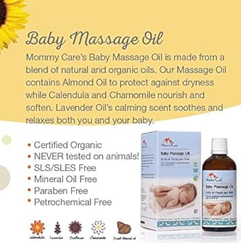 MOMMY CARE Baby Massage Oil -VEGAN Plant-Based Natural Organic Eco Almond Oil for Newborn With Calendula and Chamomile for Skin Nourishment 3.38 fl.oz