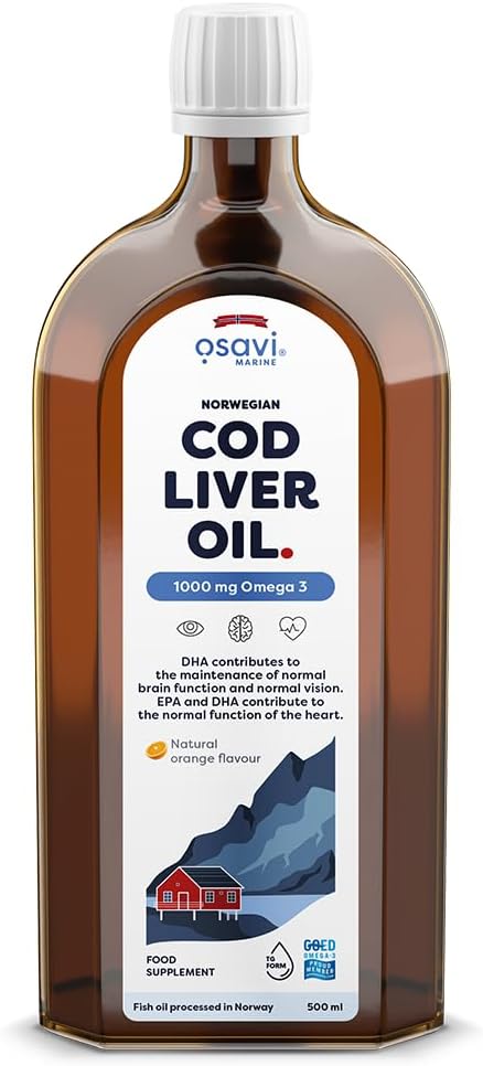 Osavi Norwegian Cod Liver Oil 1000 Mg Omega 3 – 500 Ml | Orange Flavor | Dha & Epa For Heart, Brain & Vision Health | Supports Immune Function | Sourced From Wild Atlantic Cod
