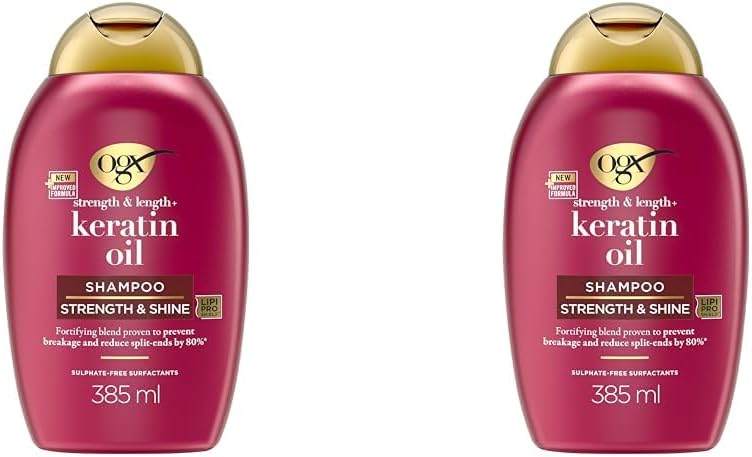 Ogx Strength And Length Keratin Oil Hair Shampoo, With Keratin Proteins And Argan Oil, Strengthens And Adds Shine, For Damaged Hair, Sulfate Free Surfactants, 385Ml