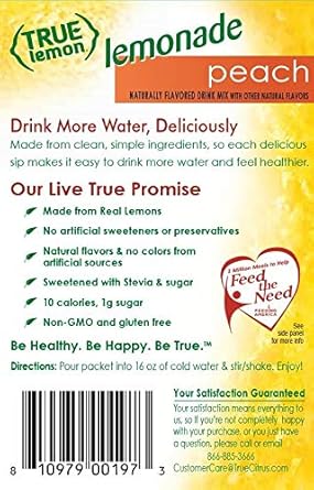 True Lemon Peach Lemonade Water Enhancer Drink Mix (10 Packets), Low Calorie Drink Mix Packets For Water, Powdered Drink Mixes & Flavorings, Individual Drink Packets, Water Flavor Packets With Stevia