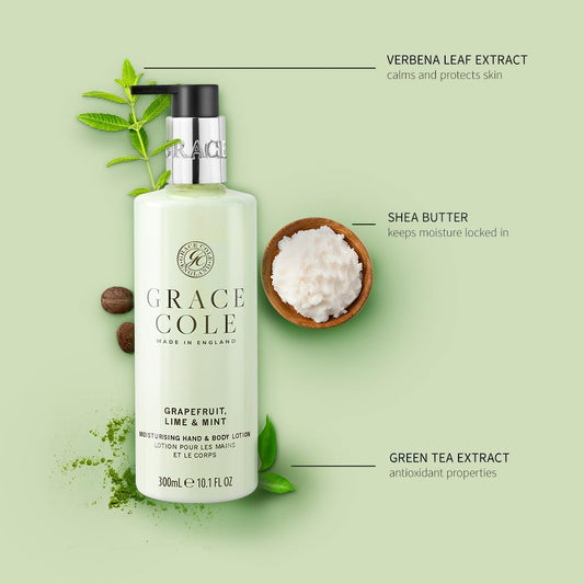 Grace Cole Grapefruit Lime & Mint Scented Body Care Duo Gift Set 1 X Bath & Shower Gel 300Ml, 1 X Hand & Body Lotion 300Ml - Essential Oils - Vegan - Made In England