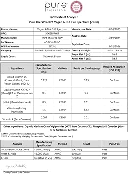 Pure TheraPro Rx Vegan A-D-K Drops - 6 Month Supply - Vitamin A (Palmitate & Betacarotene), Liposomal Vitamin D3 (Pureshine), Liposomal Vitamin K2 (MK-4 & MK-7) Supports Immunity & Bone Health - 20 mL : Health & Household