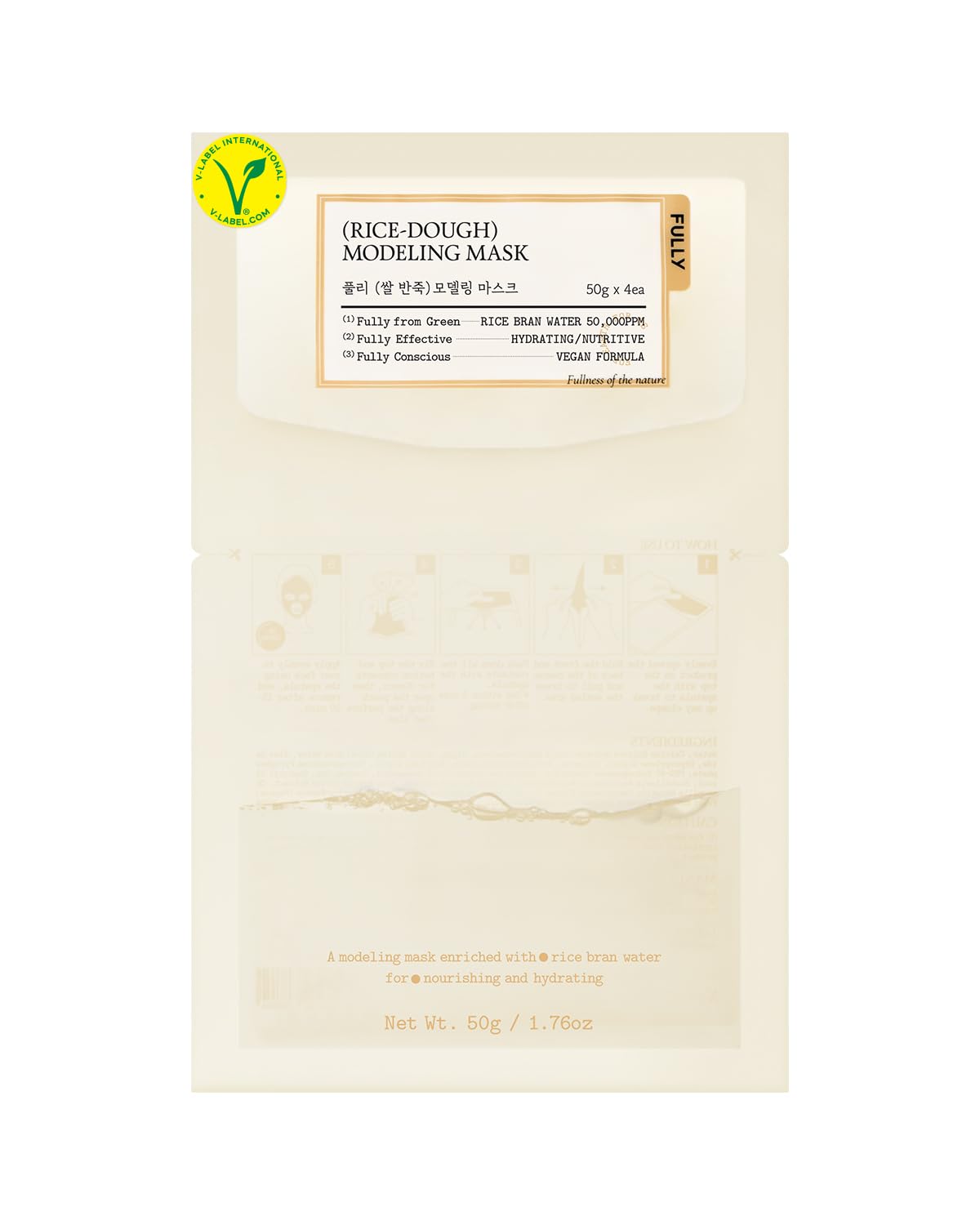 Fully Rice Dough Facial Modeling Mask, Instant Hydration Boost, Radiance Boost, Skin Moisture Barrier, Nourishing, Vegan Hyaluronic Acid, Rice Bran Water, Aloe Extract 1.76Oz X 4Ea