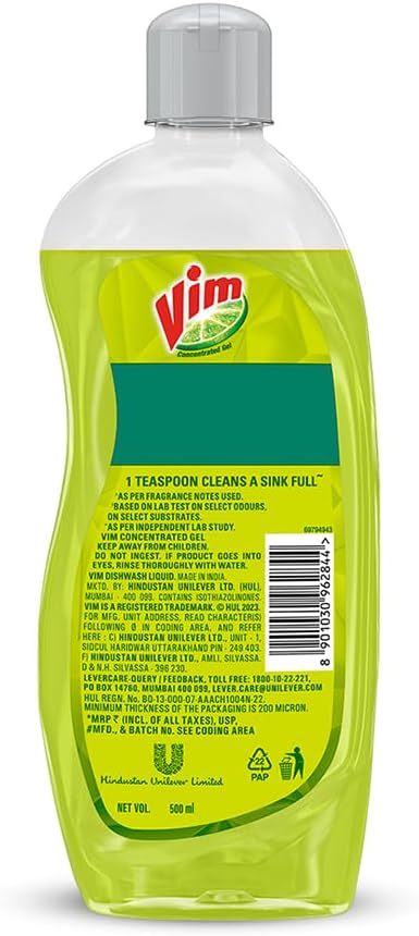 Vim Anti Smell Dishwash Liquid Gel, Pudina, Removes Tough Smell From The Utensils, Refreshing Dishwash Experience, 500 ml