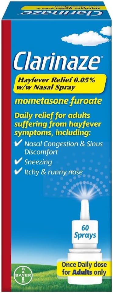 Clarinaze Hayfever Relief Nasal Spray, Prescription Strength, Effective Relief From Allergy Symptoms, Mometasone Furoate 0.05%, 60 Sprays