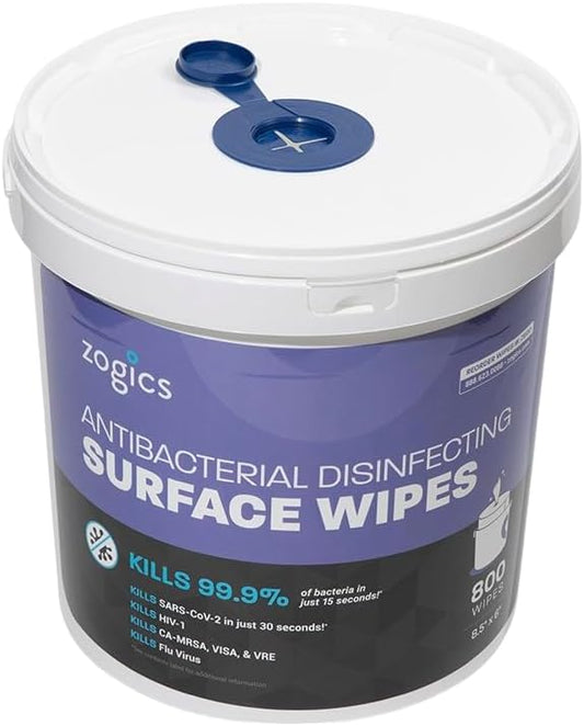 Zogics Antibacterial Wipes, Epa Registered Surface And Gym Equipment Disinfecting Wipes (800 Wipes) + Reusable Wipe Bucket Dispenser