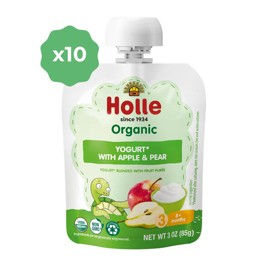 Holle Baby Yogurt Pouches - Organic Yogurt with Apple & Pear Fruit Purée - Drinkable Yogurt Pouches for Kids & Babies 8 Months & Up - (10 Pack) Shelf Stable, Non-Gmo with 0 Sugar Added