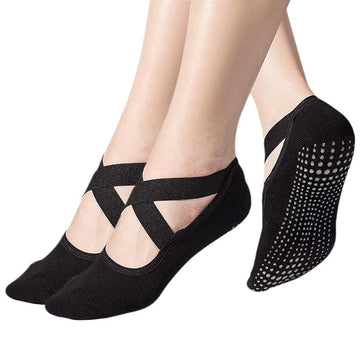 Women’s Non-Slip Grip Yoga Socks – Padded Cotton Pilates, Barre, Ballet, PiYo Floor Socks with Cross Strap Design