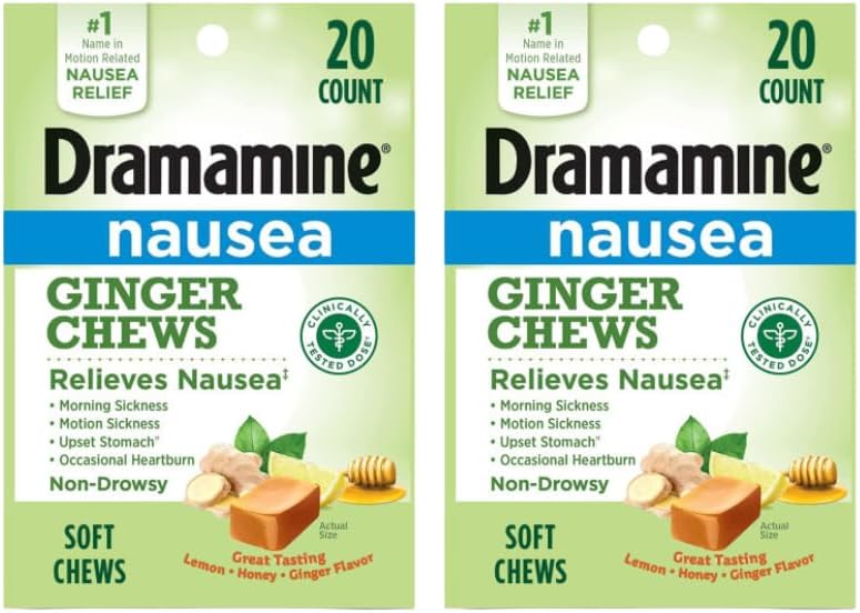 Dramamine Ginger Chews, Helps With Nausea, Lemon Honey Ginger Flavor, 20 Soft Chews (Pack Of 2)