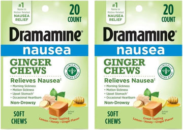 Dramamine Ginger Chews, Helps With Nausea, Lemon Honey Ginger Flavor, 20 Soft Chews (Pack Of 2)