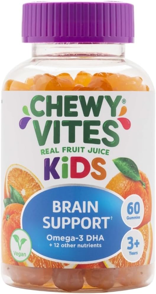 Chewy Vites Kids Brain Support, 60 Kids Vitamins Gummies, Omega-3 Dha, 13 Essential Vitamins & Minerals, 1 Months Supply, Real Fruit Juice, Vegan, Age 3 +, Citrus Flavour