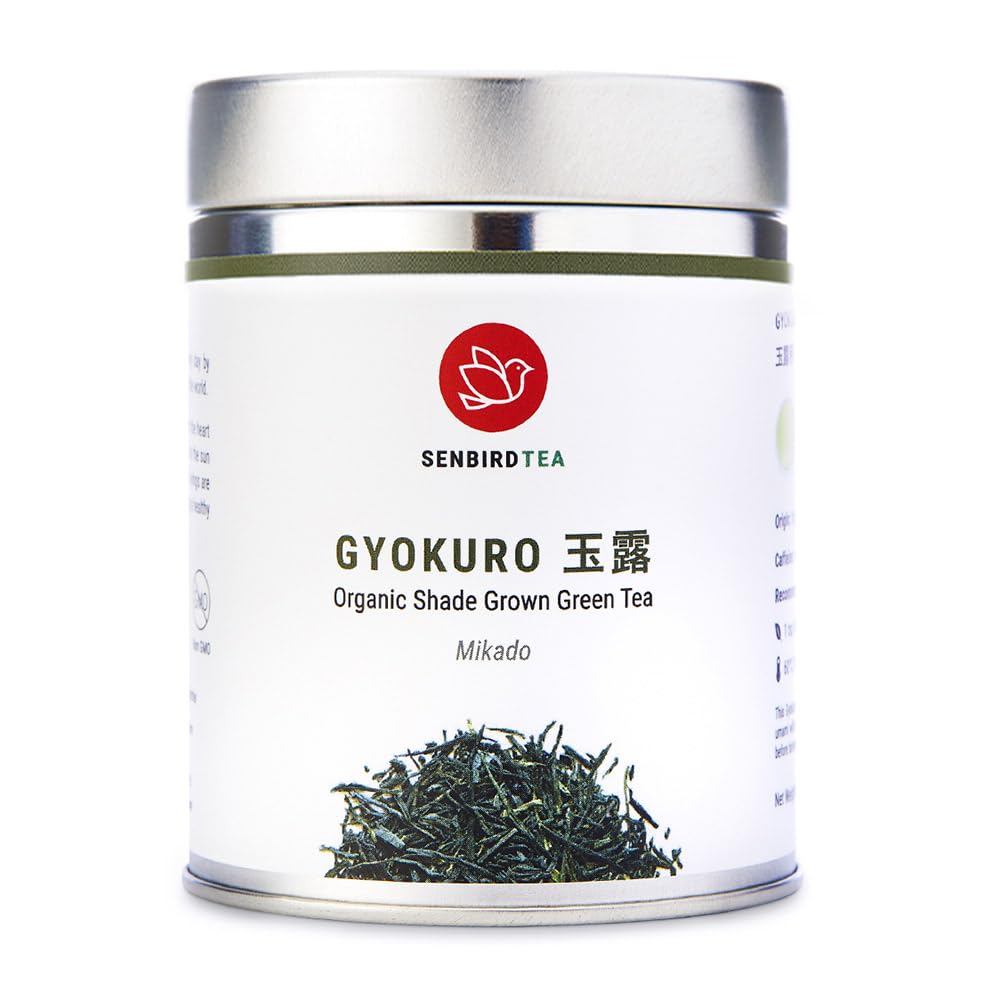 Senbird Organic Gyokuro, Japanese Shade Grown Green Tea - Mikado From Kyoto Japan - Imperial Loose Leaf Green Tea In Airtight Tea Tin (1.76Oz/50G)