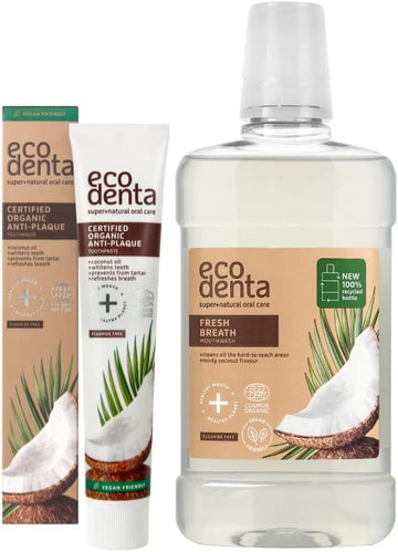 Ecodenta - Coconut Toothpaste + Coconut Mouthwash - Fluoride Free Toothpaste & Mouthwash - Alcohol Free - Coconut Toothpaste Whitening - Organic & Vegan - Remove Tartar & Plaque - Oral Care Set