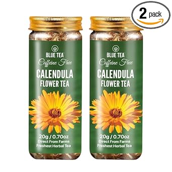 Blue Tea - Calendula Flower Tea Loose Leaf- 1.40 Oz (Pack Of 2) | Anti-Oxidant Rich | Pot Marigold | Pure And Dried | Non - Bitter - Herbal Tea - Caffeine Free - Non-Gmo | Pet Jar Packaging