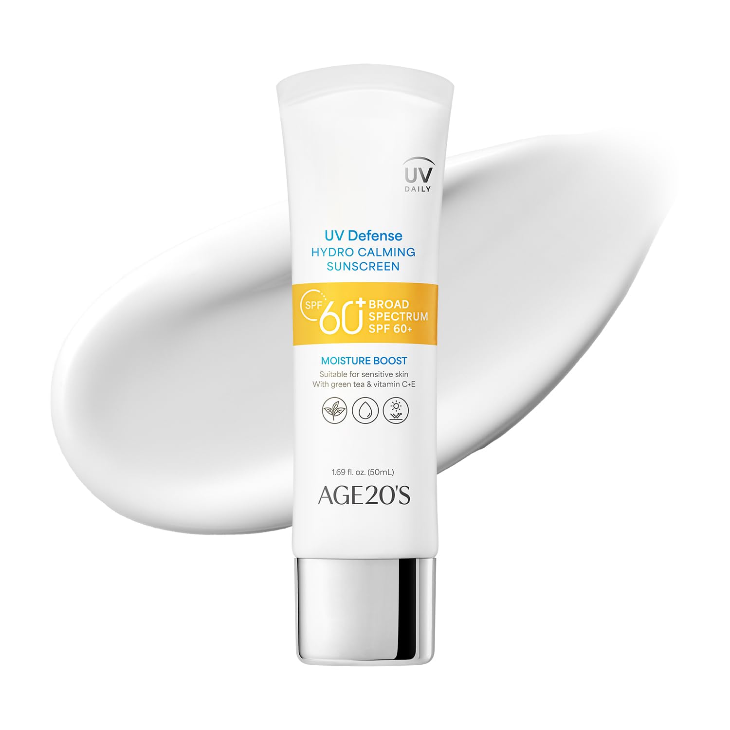 Age20'S Uv Defense Hydro Calming Sunscreen Spf 60+ | Korean Sunscreen | Moisturizing Creamy Formula, No White Cast, Lightweight Finish | Green Tea + Aloe Vera | Dermatest Excellent | 1.69 Fl.Oz*2