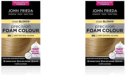 John Frieda Sheer Blonde Precision Foam Colour 9N Light Natural Blonde Hair Dye For Blonde Hair, Non-Drip Permanent Hair Colour, 100% Grey Coverage (Pack Of 2)