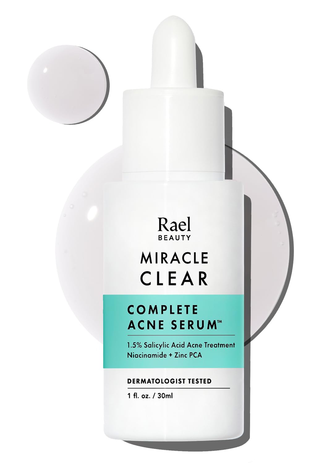 Rael Serum For Face, Miracle Clear Complete Acne Treatment - 1.5% Salicylic Acid, 2% Niacinamide, 0.5% Zinc, Pore Minimizer, Even Skin Tone, Korean Skincare (1Oz, 30Ml)