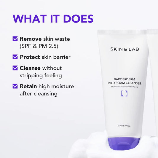 Skin&Lab Barrierderm Mild Foam Cleanser | Contains Milk Ceramide Complex | Gentle Daill Cleanser Face Wash | For All Skin Types | 5.07 Fl.Oz