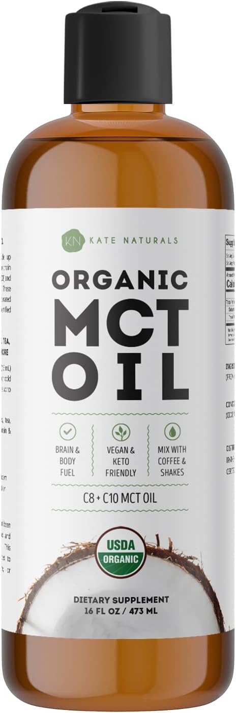 Kate Naturals MCT Oil for Coffee & Keto (16oz) USDA Certified Organic MCT Oil Liquid with only C8 & C10. Odorless Fuel for Body & Mind. No Aftertaste