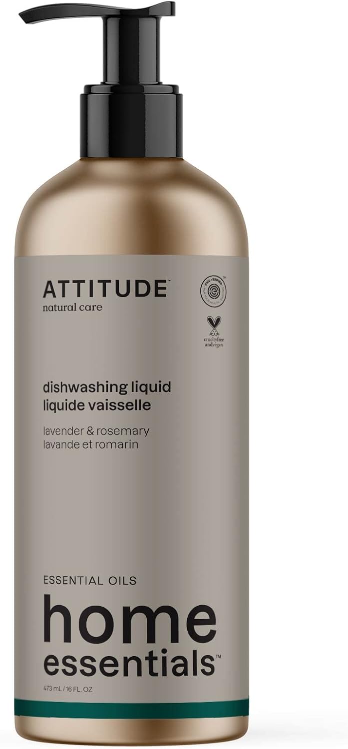 ATTITUDE Dish Soap, EWG Certified, Plant and Mineral-Based Ingredients, Vegan and Cruelty-free Household Products, Lavender and Rosemary, Refillable Aluminum Bottle, 16 Fl Oz