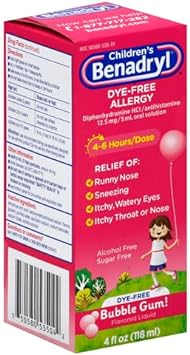 Benadryl Children's Dye-Free Allergy Liquid, Diphenhydramine HCl, Bubble Gum, 4 fl. oz