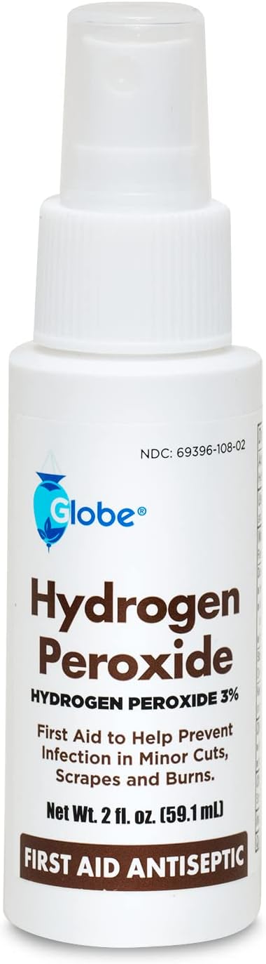 Globe Hydrogen Peroxide 3% First Aid Antiseptic Topical Solution Usp Spray Bottle, 2 Fl. Oz Convenient Pump Spray Bottle