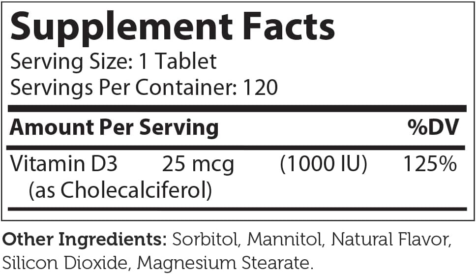 Zahler Vitamin D3, Advanced D3 Formula, Orange, 25 mcg (1,000 IU), 120 Chewable Tablets : Health & Household