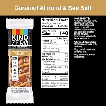 Kind Zero Added Sugar Bars, Keto Friendly Snacks, Caramel Almond And Sea Salt Flavored, 6.2Oz Box (Pack Of 6)