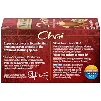 Twinings Chai Individually Wrapped Black Tea Bags, 20 Count (Pack Of 6), Sweet, Savoury Spices, Caffeinated, Enjoy Hot Or Iced