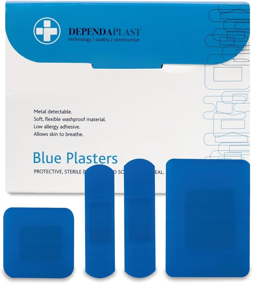 Dependaplast Food Area Blue Plasters With High Visibility And Metal Detection Properties, Easily Detectable, Individually Wrapped - Assorted Box Of 100