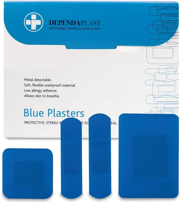 Dependaplast Food Area Blue Plasters With High Visibility And Metal Detection Properties, Easily Detectable, Individually Wrapped - Assorted Box Of 100
