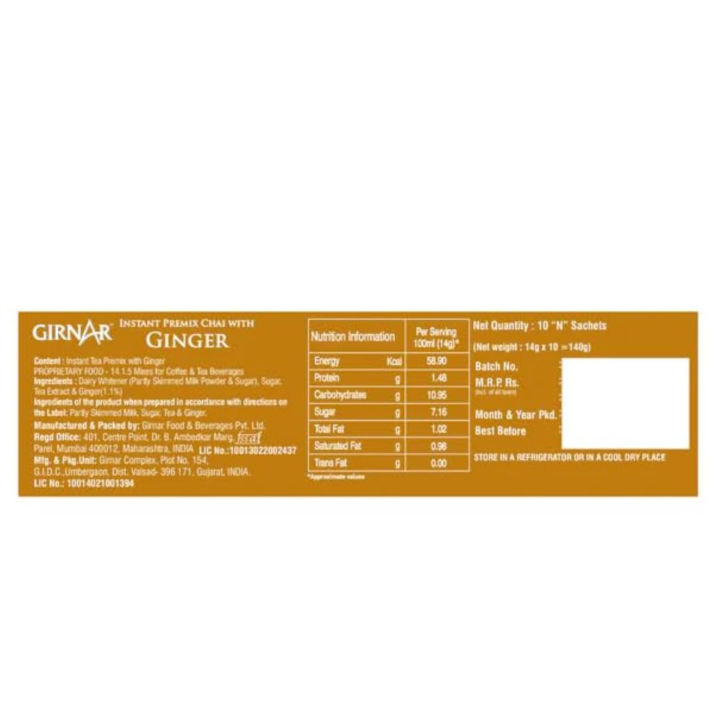 Girnar Instant Chai (Tea) Premix With Ginger 10 Sachet Pack