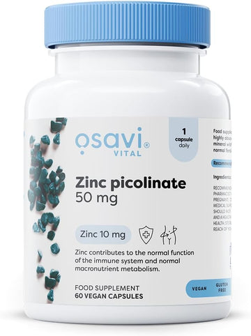Osavi Zinc Picolinate 50Mg - 60 Vegan Capsules | Highly Absorbable Zinc For Immune Support, Cognitive Function, Metabolism, And Healthy Skin | 100% Daily Zinc Requirement In One Capsule