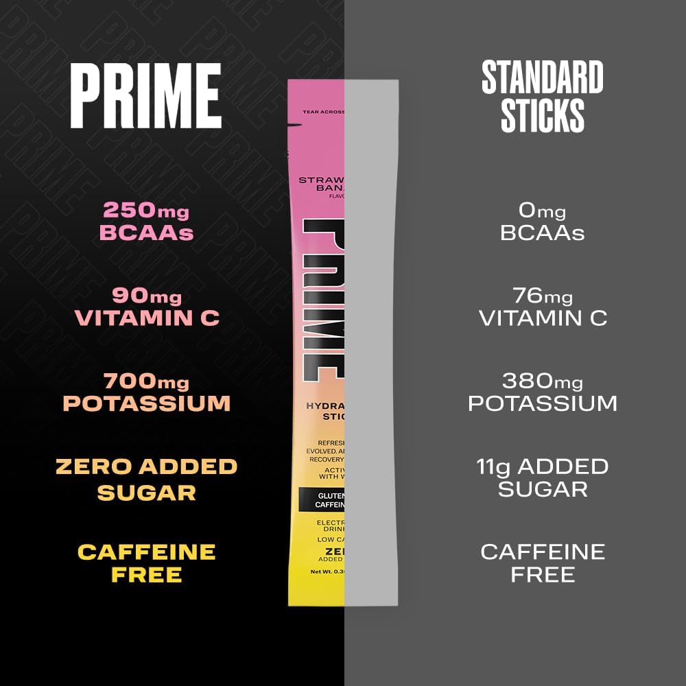 Prime Hydration+ Sticks Strawberry Banana Hydration Powder Single Serve Sticks, Electrolyte Powder On The Go, Low Sugar, Caffeine-Free, Vegan, 48 Count