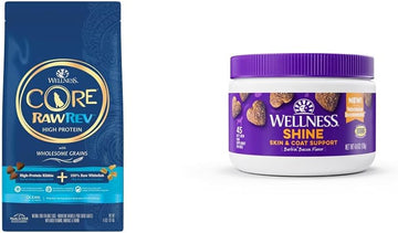 Wellness Food + Supplements Bundle: CORE RawRev Wholesome Grains Dry Dog Food, Ocean Recipe, 4 Pound Bag Skin & Coat Soft Chew Dog Supplements Barkin' Bacon Flavor, 45 Count : Pet Supplies