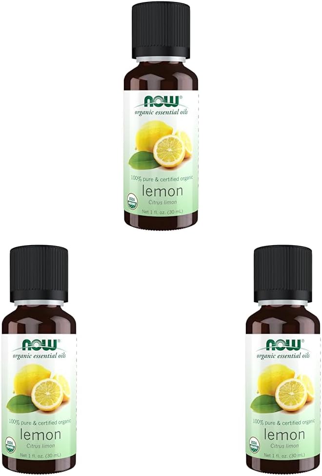 Now Essential Oils, Organic Lemon Oil, Cheerful Aromatherapy Scent, Cold Pressed, 100% Pure, Vegan, Child Resistant Cap, 1-Ounce (Pack Of 3)
