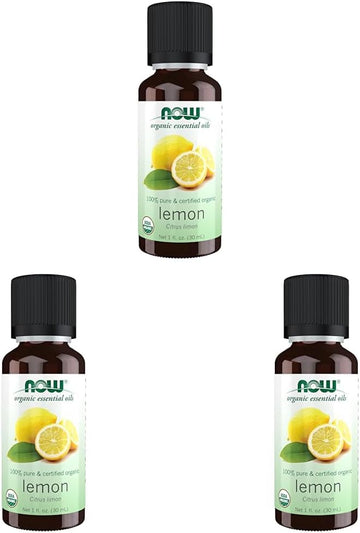 Now Essential Oils, Organic Lemon Oil, Cheerful Aromatherapy Scent, Cold Pressed, 100% Pure, Vegan, Child Resistant Cap, 1-Ounce (Pack Of 3)