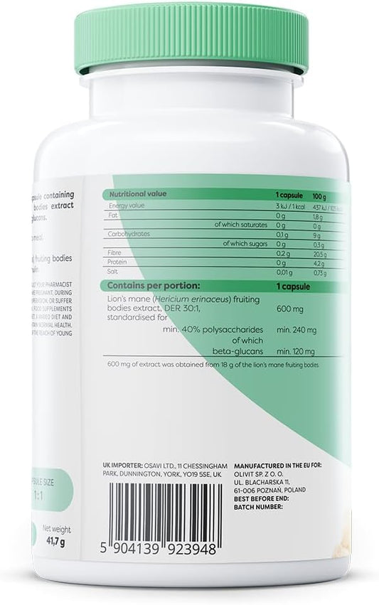 Osavi Lion’S Mane 600 Mg – 60 Vegan Capsules | Hard Capsules With Hericium Erinaceus Extract | Standardized For Polysaccharides And Beta–Glucans