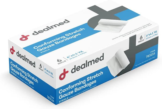 Dealmed 6" Sterile Conforming Stretch Gauze Bandages, 4.1 Yards Latex Free Stretched Dressing Wrap, Medical Non-Adherent Wound Care Mesh Bandages (Box Of 6 Rolls)