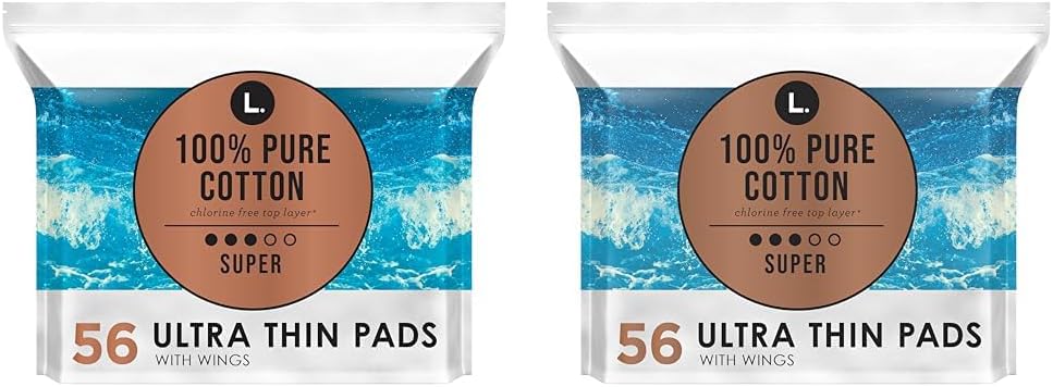 L. Pure Cotton Topsheet Pads for Women, Super Absorbency, Ultra Thin Pads with Wings, Unscented Menstrual Pads, 56 Count (Packaging May Vary) (Pack of 2)