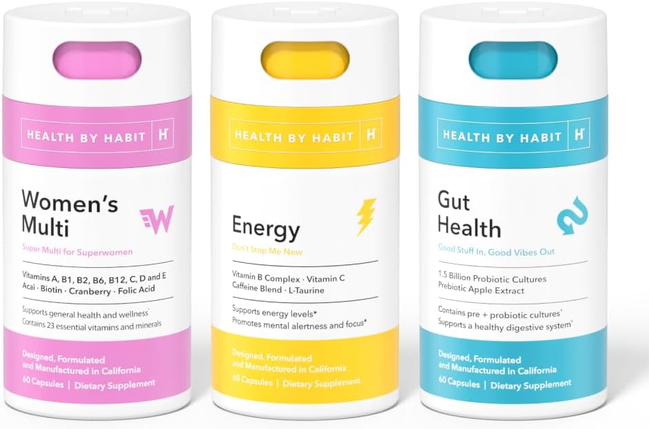 Health By Habit Power Trio Kit - Women's Multi Supplement, Energy Supplement & Gut Health Supplement, Non GMO, Sugar Free